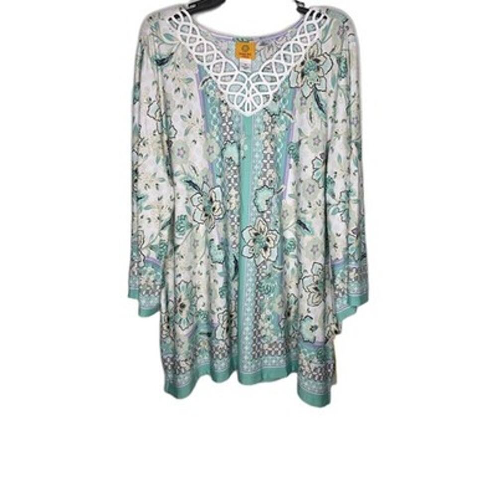 Ruby Rd Tunic Top Shirt Blouse 3X Womens 3/4 Sleeve Paisley Floral Lace Green
